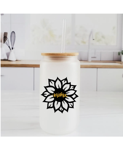 Mama Sunflower Glass Can Cup - Frosted  