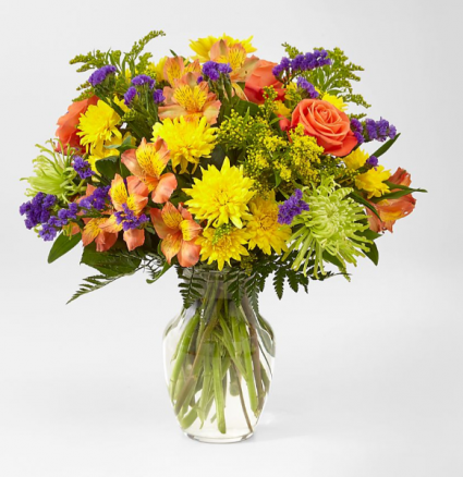 MARMALADE SKIES BOUQUET ORANGE ,YELLOW AND GREEN FLOWERS
