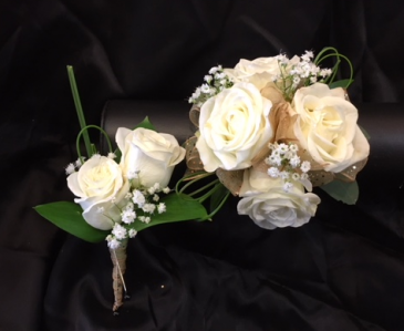 Matching Bout & Wristlet Gold  & White Prom Flowers in Lewiston, ME | BLAIS FLOWERS & GARDEN CENTER