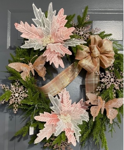 MC23-03 Pink Butterflies & Pink Poinsettia Wreath