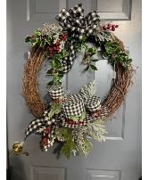 MC23-10 Grapevine  Buffalo Plaid Snowman Hat Wreath