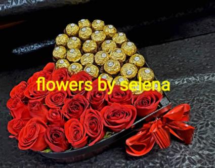 Medium Heart Half Chocolates & Half Roses Floral arrangement 