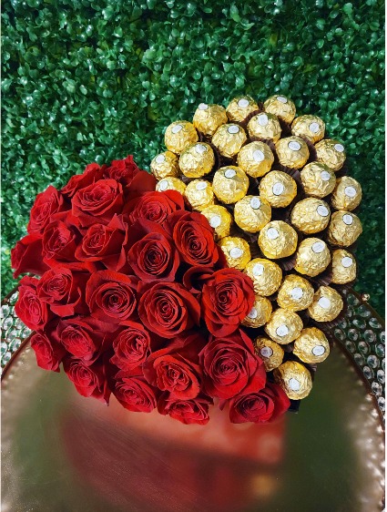  Heart with half Roses and Chocolates  Floral arrangement 