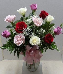 Red, Pink and White Medium Stem Rose Arrangement