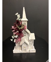 Medium White wash church w/ tea light Sympathy