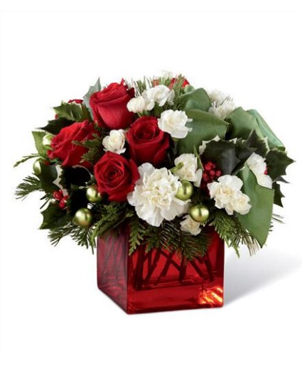 Merry And Bright SOLD OUT OF RED ROSES   Glass Cube Arrangement