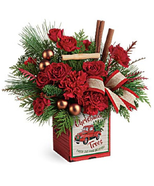 Merry Christmas Vintage Tree Tin Fresh Floral Arrangement