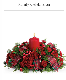 Merry Glow Bouquet  Christmas arrangement with mixed Christmas greens and carnations