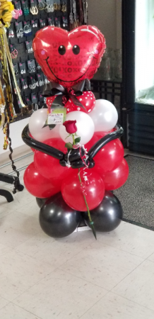 Messenger of LOVE BALLOON Bouquet with chocolates and single red rose.