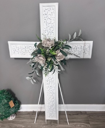 Metal Cross Easel with Floral Accent  in Portland, MI | COUNTRY CUPBOARD FLORAL