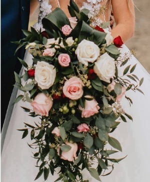 MICHELLE WEDDING BOUQUET Cascade Style in pink and white roses