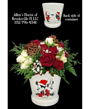 Mickey & Minnie Sweetheart Christmas  Fresh cut flowers in a ceramic container