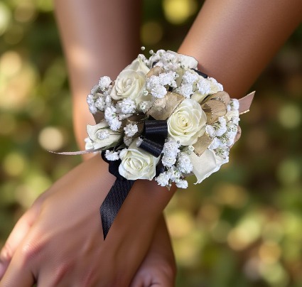 Midnight Magic Black and Gold Ribbon with White Roses