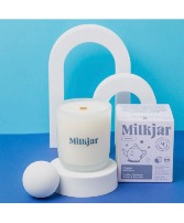 Milk Jar - “Hygge” 8oz Candle - wood wick  Vanilla, Tobaoco, Cedar & Sea Salt