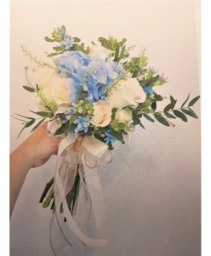 MILLAH, BLUE AND WHITE  BRIDE BOUQUET.