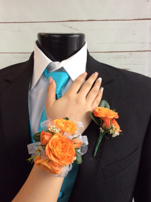 Mini Rose (Orange) Wrist Corsage & Boutonniere Pair