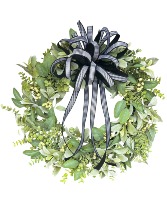 MINIMALIST MIXED GREENERY WREATH W/ HANDTIED BOW  SILK WREATH WITH BOW 