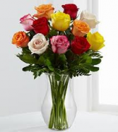MIXED COLOR ROSES - One Sided Vase arrangement