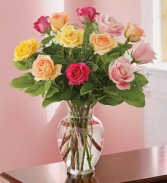 MIXED COLOR ROSES DOZEN MIXED COLOR ROSES VASED