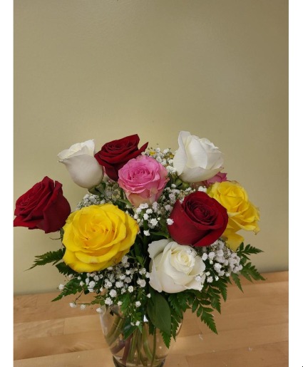 Mixed Colorful Roses in Vase