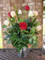 Mixed Dozen Roses (Red, Pink, White) Vase Arrangement