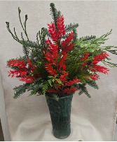 Mixed Evergreens with Red Ruscus Bouquet