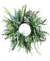 MIXED FERN, EUCALYPTUS & GRASS WREATH - 30 IN WIDE SILK WREATH 