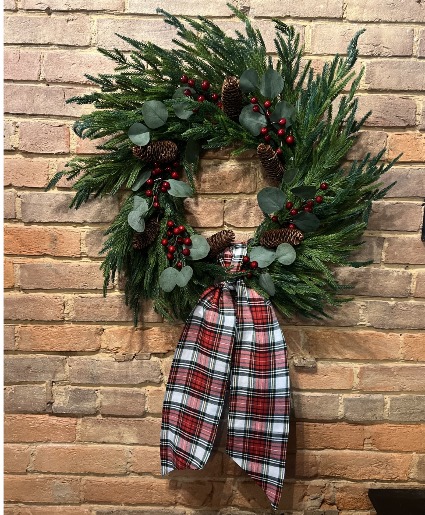 Mixed Greenery Wreath with plaid sash 