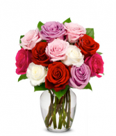 Mixed Pink, Red, Lavender, White Roses in Vase 