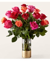 MIXED ROSE BOUQUET LONG STEMMED ROSES IN A GOLD DIPPED VASE