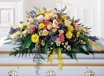 TENDER SENTIMENTS Half casket spray of roses, gerbera daisies, carnations, monte casino and blue delphinium