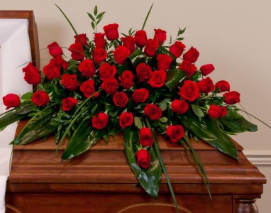 LOVE FOREVER  Half Casket Spray of  red roses and greens