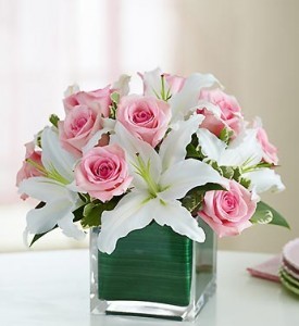 Modern Embrace Pink Roses an Lily Cube