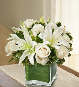 Modern Embrace White Rose and Lily Cube Bouquet