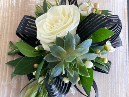 Modern Rose & Succulent with Bow Corsage