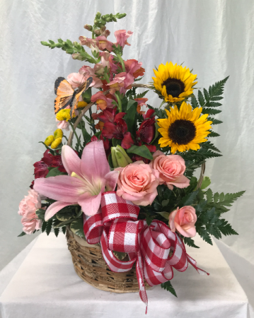 Mom's Garden Basket Fresh Cut Flowers in Vine Basket with Bow in West Haven, CT | Petals & Scents Flower and Gift Shop