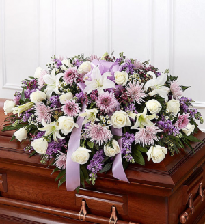 Mom's White & Lavender Half Casket Exclusively at Mom & Pops in Ventura, CA | Mom And Pop Flower Shop Mom's White & Lavender Half Casket Exclusively at Mom & Pops in Ventura, CA | Mom And Pop Flower Shop