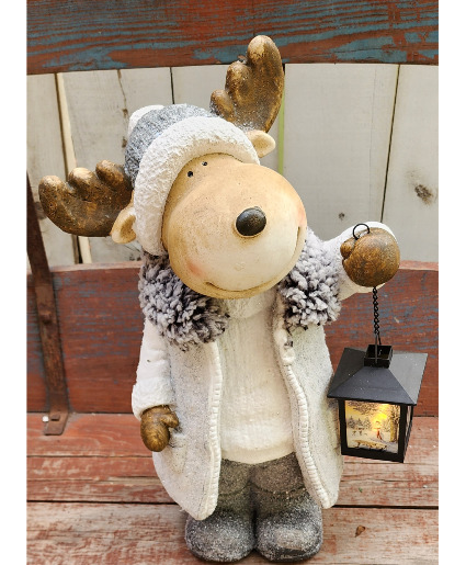 Moosulini Takes A Winter Stroll Ceramic Moose with a Light Up Lantern