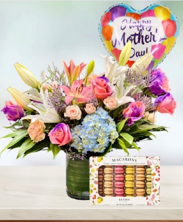 MOTHER'S AURORA SERENADE PACKAGE WITH MACARONS AND BALLOONS in Fairfield, CA | J Francis Floral Design