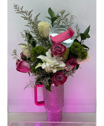 Mother's Day Love in a Bling Cup Roses (your choice color), Double white lillies and fillers in Petal, MS | Garden Gate Flowers & Gifts