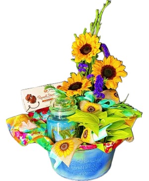 Mothers Day Sampler Sunflowers candy, candle & Plant