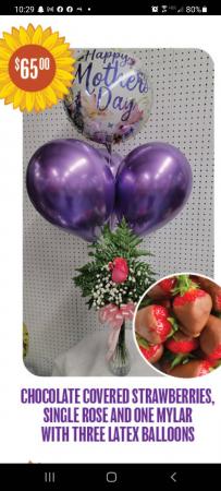 Mothers Day Special #3 Balloons Flower and Chocolate covered strawberries