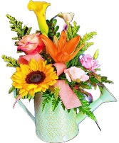 Mothers Day Watering Can  Sunflower , lily, calla lillies lizanthus