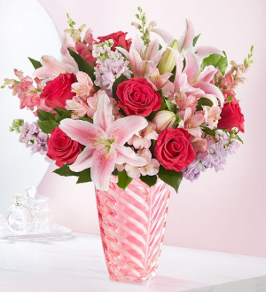 MOTHER'S EMBRACE PINK ROSE AND LILIES IN PINK DESIGNED VASE