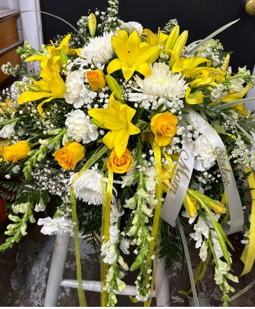 MOURNING SUNSHINE EXPLOSION Yellow and White Casket Spray in Scott City, MO | Mason Grace Boutique & Floral