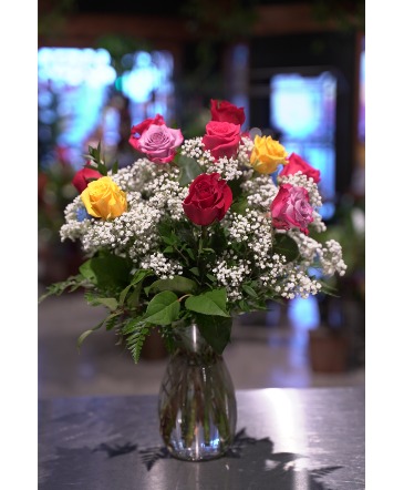 Multi Colored Dozen Roses  Vased With Baby's Breath in South Milwaukee, WI | PARKWAY FLORAL INC.