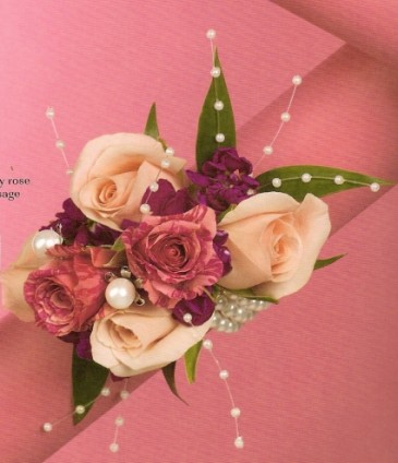 Multi colored Pink Rose Wristlet Corsage with Pearls