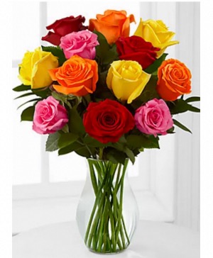  Multi coloured dozen roses Vase