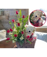 My Endless Love  Dozen Roses, Plush Bear & Wine Glass Basket