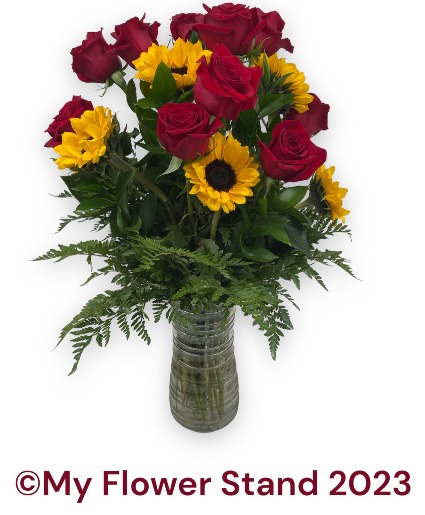 My SUNNY Valentine One Dozen Roses with Sunflowers